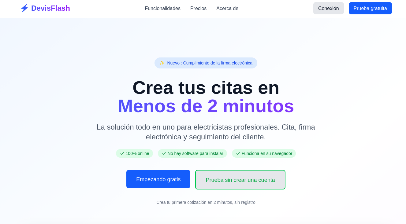DevisFlash — captura de pantalla de la landing page